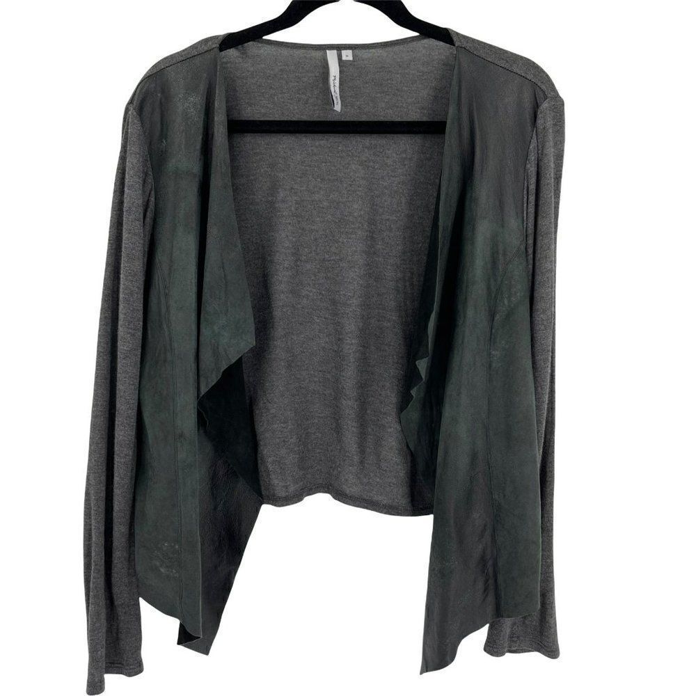 Michael Stars Modal Leather Drapey‎ Open Front Blouse Grey Black Soft Women Med